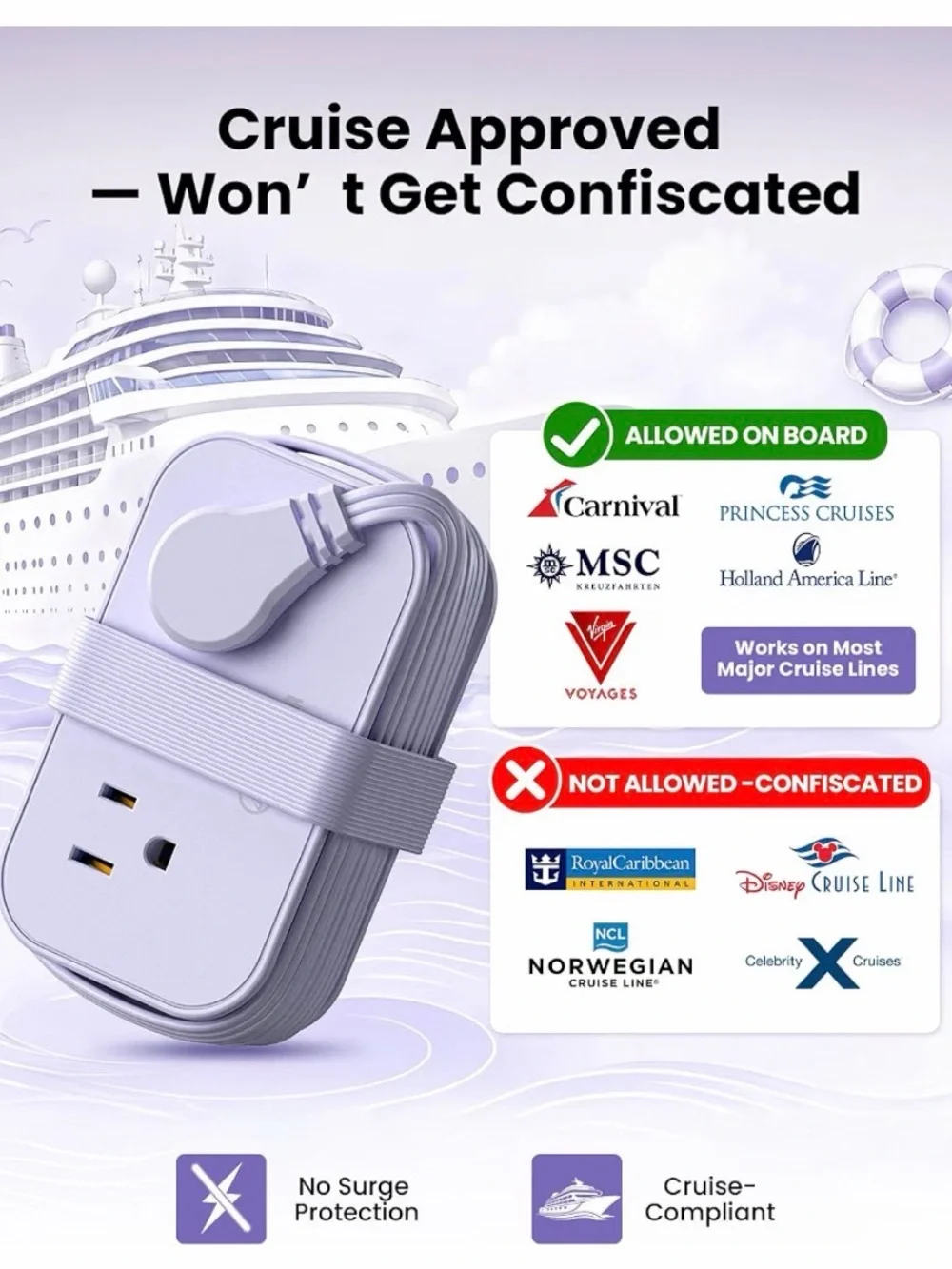 Cruise Approved Travel Power Strip, 4ft Wrap Cord Flat Plug 6 Outlets, New